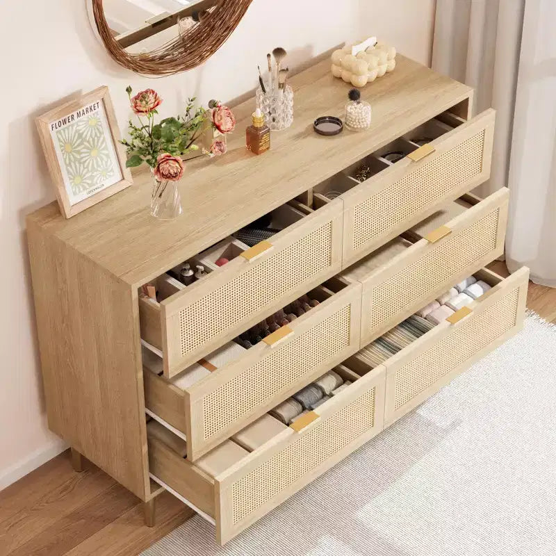 Cassettiera a 6 cassetti in rattan, comò moderno con gambe e maniglie, cassettiera doppia e ampia con design antiribaltamento per camera da letto, soggiorno