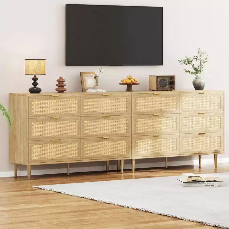 Cassettiera a 6 cassetti in rattan, comò moderno con gambe e maniglie, cassettiera doppia e ampia con design antiribaltamento per camera da letto, soggiorno