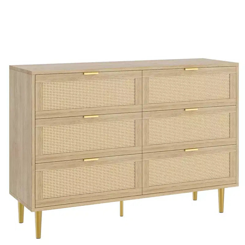 Cassettiera a 6 cassetti in rattan, comò moderno con gambe e maniglie, cassettiera doppia e ampia con design antiribaltamento per camera da letto, soggiorno
