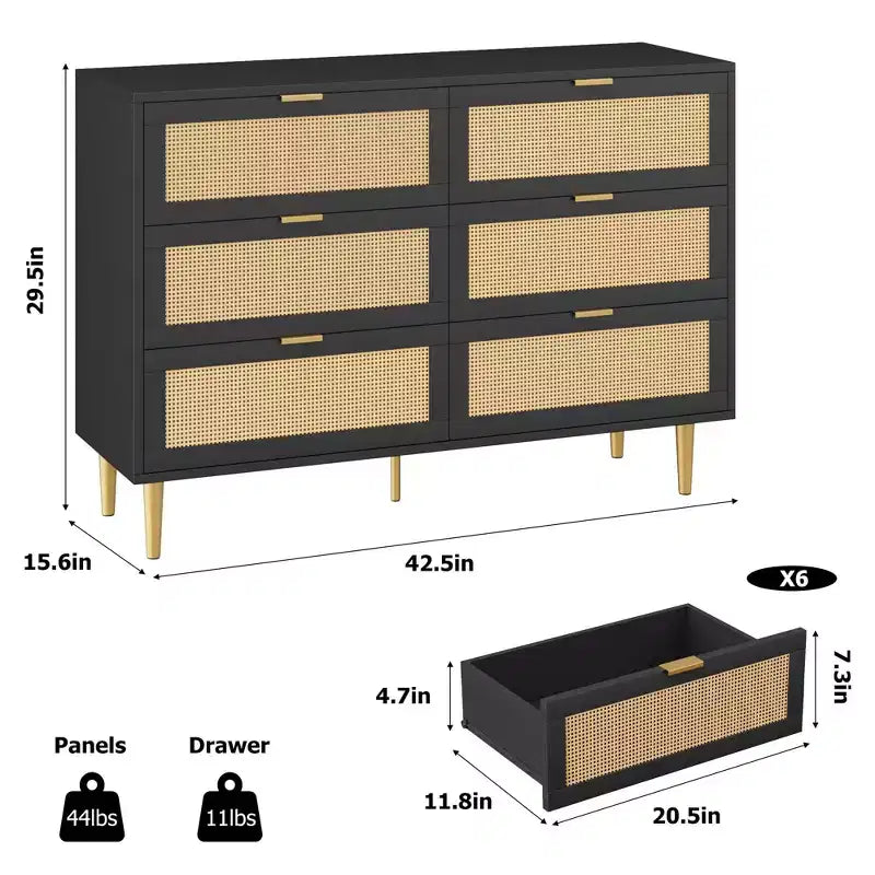 Cassettiera a 6 cassetti in rattan, comò moderno con gambe e maniglie, cassettiera doppia e ampia con design antiribaltamento per camera da letto, soggiorno