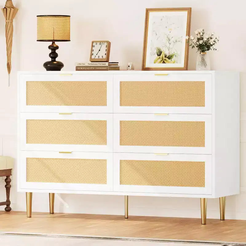 Cassettiera a 6 cassetti in rattan, comò moderno con gambe e maniglie, cassettiera doppia e ampia con design antiribaltamento per camera da letto, soggiorno
