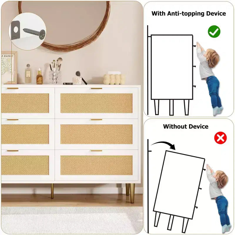 Cassettiera a 6 cassetti in rattan, comò moderno con gambe e maniglie, cassettiera doppia e ampia con design antiribaltamento per camera da letto, soggiorno