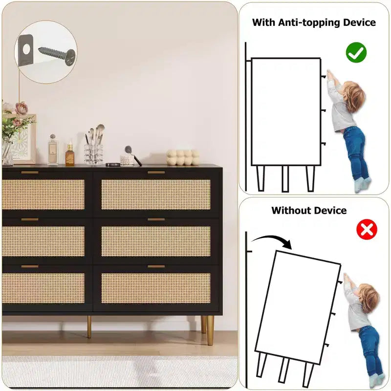Cassettiera a 6 cassetti in rattan, comò moderno con gambe e maniglie, cassettiera doppia e ampia con design antiribaltamento per camera da letto, soggiorno
