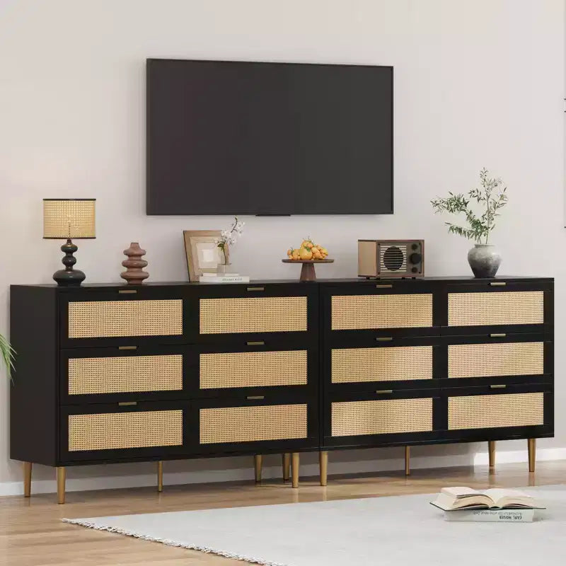 Cassettiera a 6 cassetti in rattan, comò moderno con gambe e maniglie, cassettiera doppia e ampia con design antiribaltamento per camera da letto, soggiorno