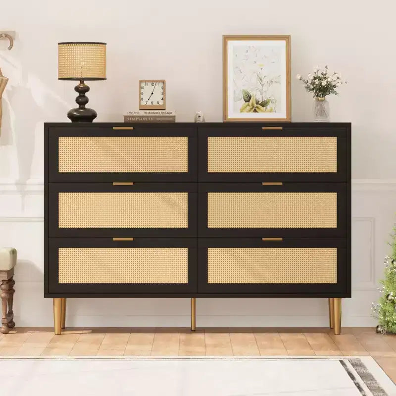 Cassettiera a 6 cassetti in rattan, comò moderno con gambe e maniglie, cassettiera doppia e ampia con design antiribaltamento per camera da letto, soggiorno