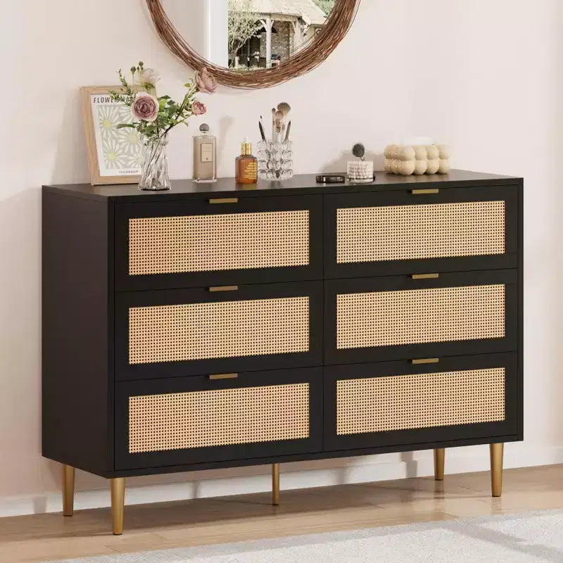 Cassettiera a 6 cassetti in rattan, comò moderno con gambe e maniglie, cassettiera doppia e ampia con design antiribaltamento per camera da letto, soggiorno