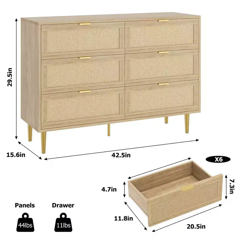 Cassettiera a 6 cassetti in rattan, comò moderno con gambe e maniglie, cassettiera doppia e ampia con design antiribaltamento per camera da letto, soggiorno