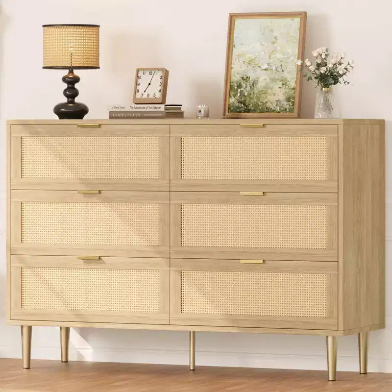 Cassettiera a 6 cassetti in rattan, comò moderno con gambe e maniglie, cassettiera doppia e ampia con design antiribaltamento per camera da letto, soggiorno