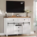 Farmhouse Buffet Cabinet, Sideboard Storage Cabinet with 5 Drawers and Sliding Barn Doors, Wood Coffee Bar Table with Adjustable Shelf