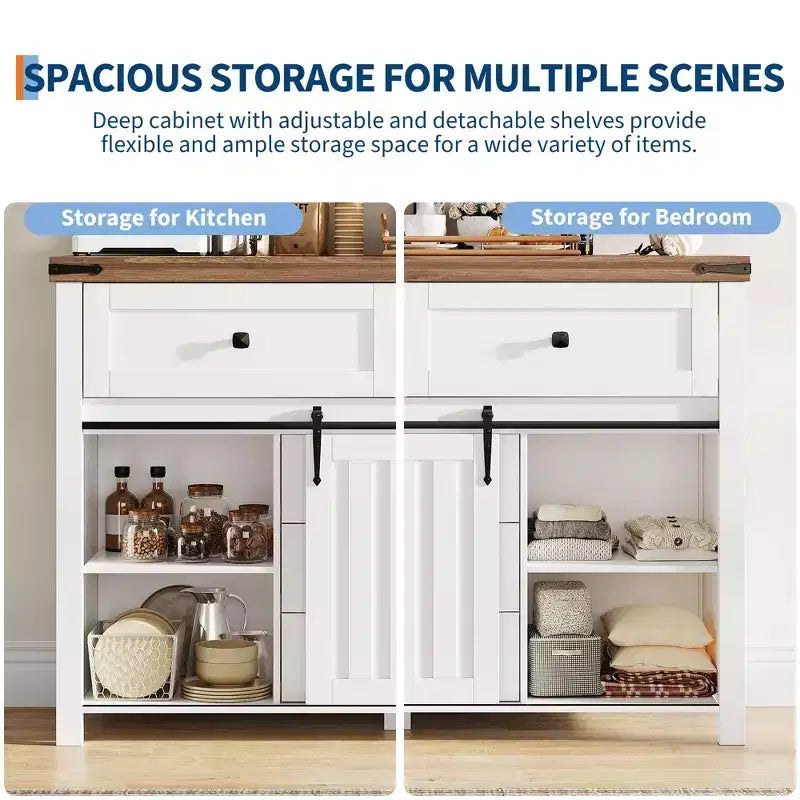 Mobile buffet rustico, credenza con 5 cassetti e ante scorrevoli a fienile, mobile bar in legno con ripiano regolabile