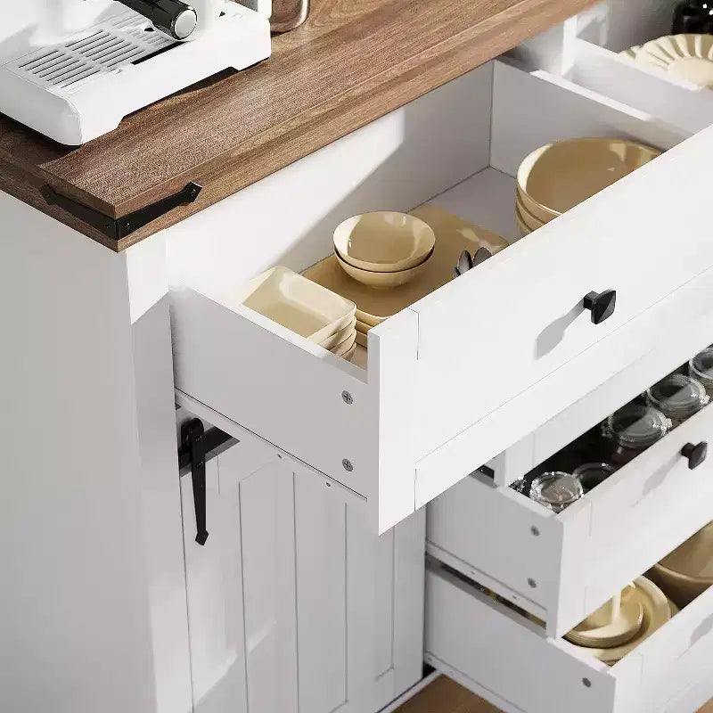 Mobile buffet rustico, credenza con 5 cassetti e ante scorrevoli a fienile, mobile bar in legno con ripiano regolabile