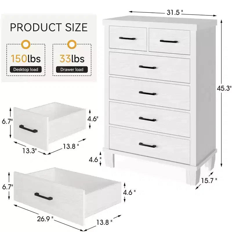 Comò per Camera da Letto con 6 Cassetti, Cassettiera Alta 45 con Spazio Contenitivo, Cassettiera Grande per Armadio, Mobile Contenitore in Legno per Ingresso