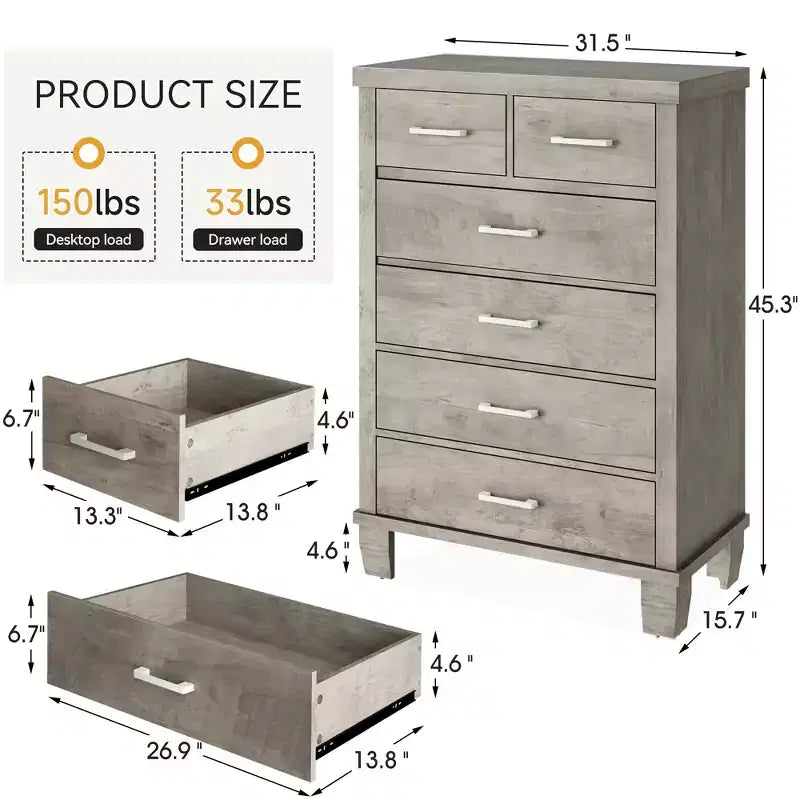 Comò per Camera da Letto con 6 Cassetti, Cassettiera Alta 45 con Spazio Contenitivo, Cassettiera Grande per Armadio, Mobile Contenitore in Legno per Ingresso