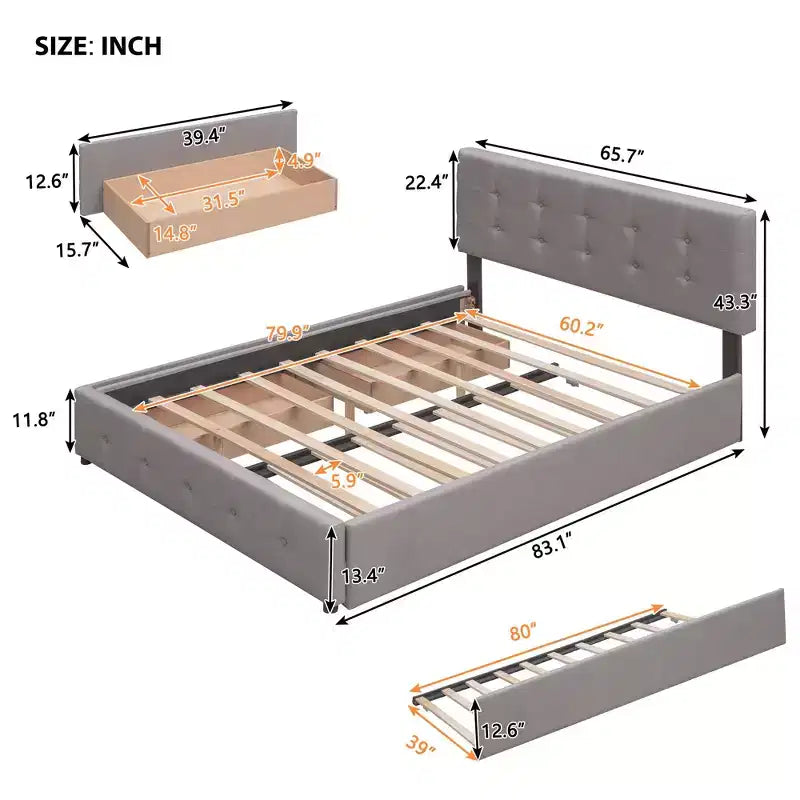 Letto Imbottito con 2 Cassetti e 1 Letto Estraibile Twin XL in Lino Queen Size - Beige Scuro