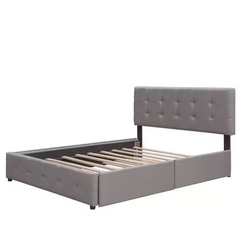 Letto Imbottito con 2 Cassetti e 1 Letto Estraibile Twin XL in Lino Queen Size - Beige Scuro