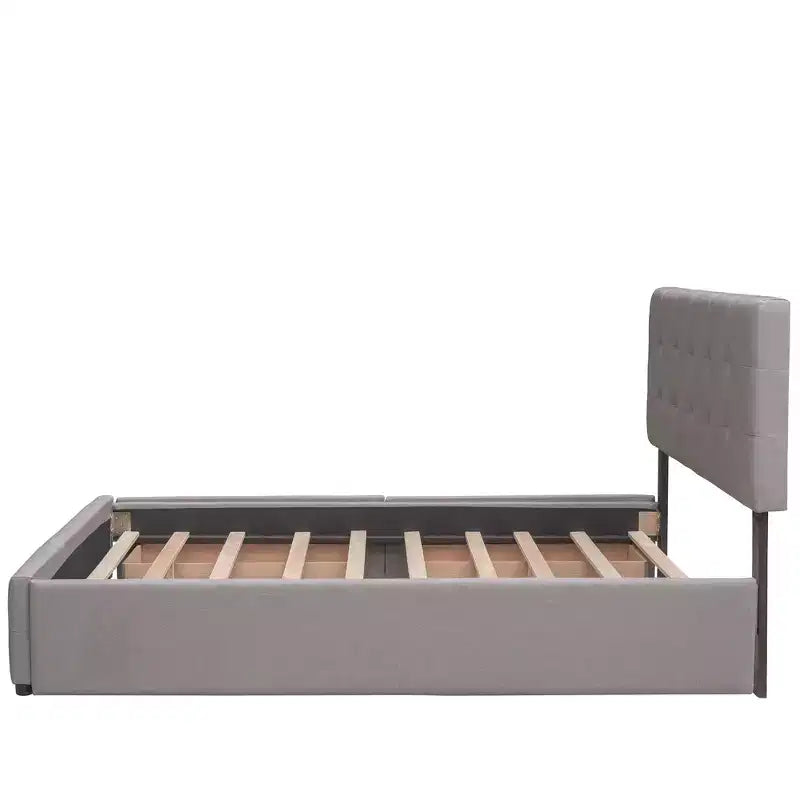 Letto Imbottito con 2 Cassetti e 1 Letto Estraibile Twin XL in Lino Queen Size - Beige Scuro