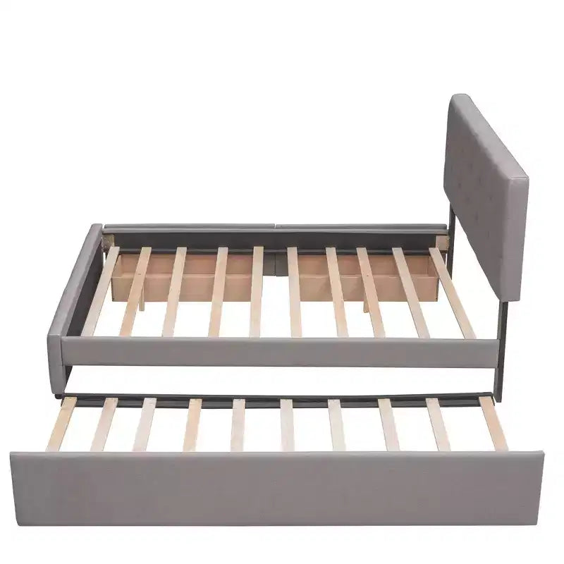 Letto Imbottito con 2 Cassetti e 1 Letto Estraibile Twin XL in Lino Queen Size - Beige Scuro