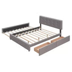 Letto Imbottito con 2 Cassetti e 1 Letto Estraibile Twin XL in Lino Queen Size - Beige Scuro