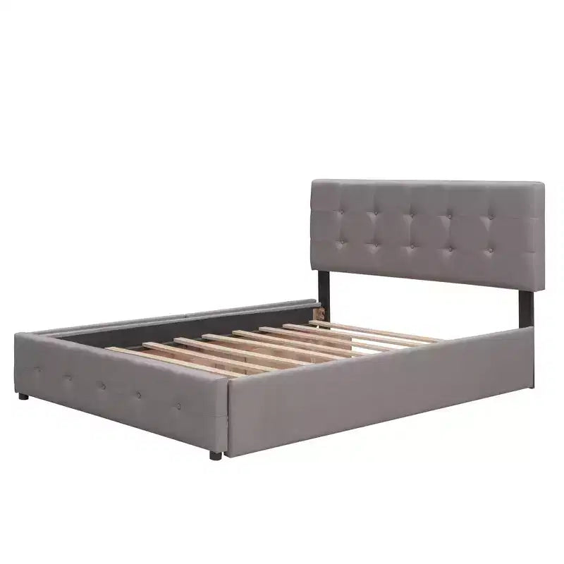 Letto Imbottito con 2 Cassetti e 1 Letto Estraibile Twin XL in Lino Queen Size - Beige Scuro