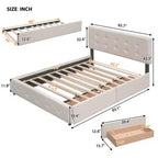 Letto Imbottito con 2 Cassetti e 1 Letto Estraibile Twin XL in Lino Queen Size - Beige Scuro