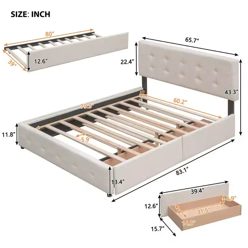 Letto Imbottito con 2 Cassetti e 1 Letto Estraibile Twin XL in Lino Queen Size - Beige Scuro