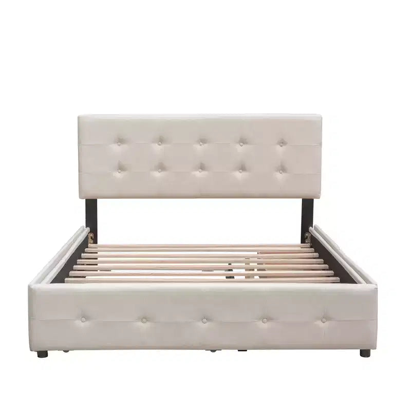 Letto Imbottito con 2 Cassetti e 1 Letto Estraibile Twin XL in Lino Queen Size - Beige Scuro