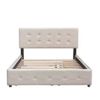 Letto Imbottito con 2 Cassetti e 1 Letto Estraibile Twin XL in Lino Queen Size - Beige Scuro