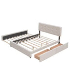 Letto Imbottito con 2 Cassetti e 1 Letto Estraibile Twin XL in Lino Queen Size - Beige Scuro
