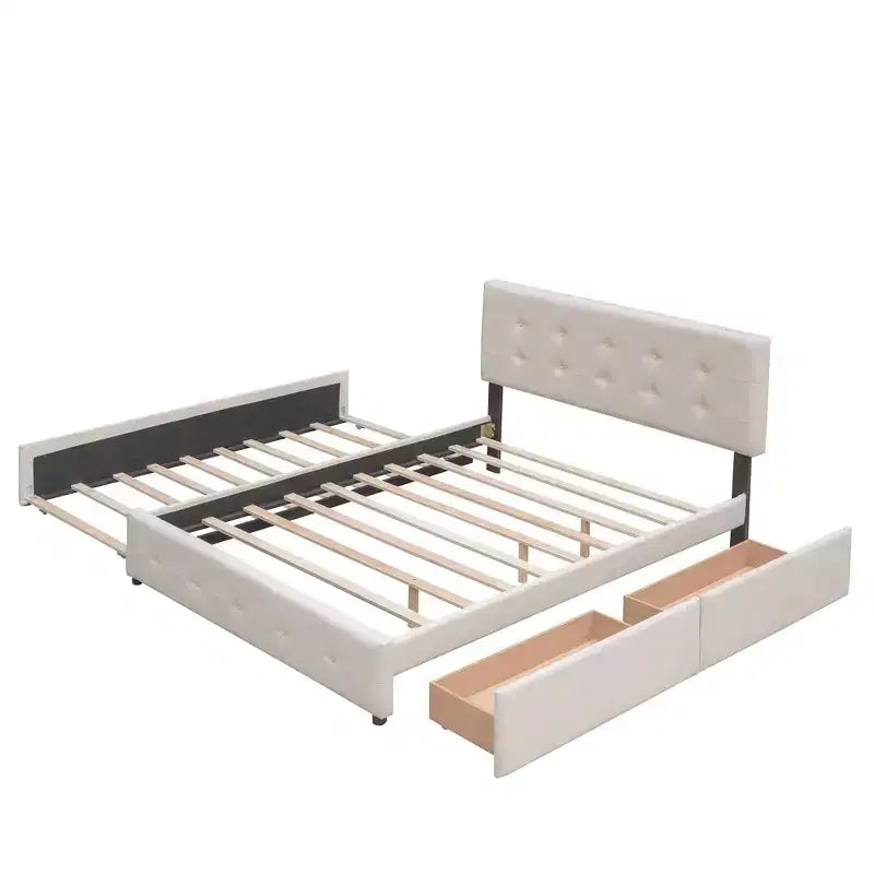 Letto Imbottito con 2 Cassetti e 1 Letto Estraibile Twin XL in Lino Queen Size - Beige Scuro
