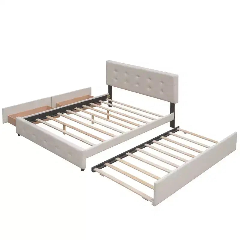 Letto Imbottito con 2 Cassetti e 1 Letto Estraibile Twin XL in Lino Queen Size - Beige Scuro