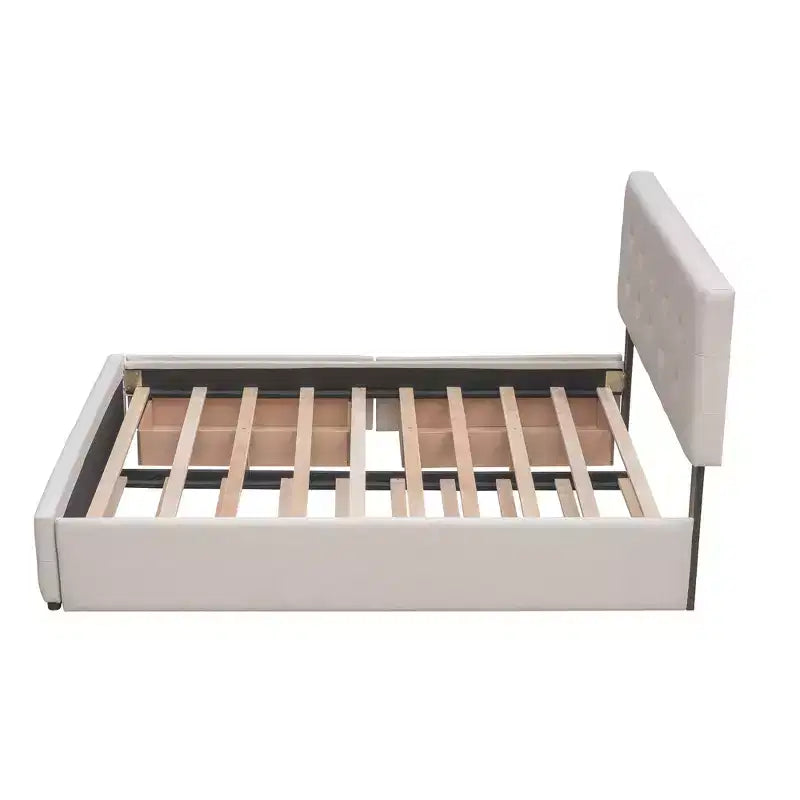 Letto Imbottito con 2 Cassetti e 1 Letto Estraibile Twin XL in Lino Queen Size - Beige Scuro
