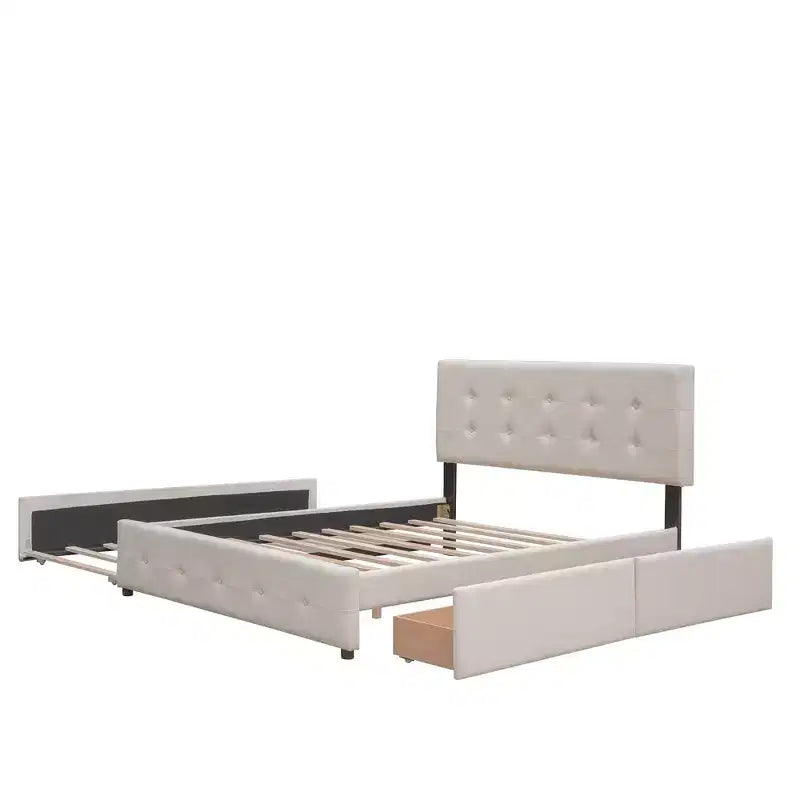 Letto Imbottito con 2 Cassetti e 1 Letto Estraibile Twin XL in Lino Queen Size - Beige Scuro