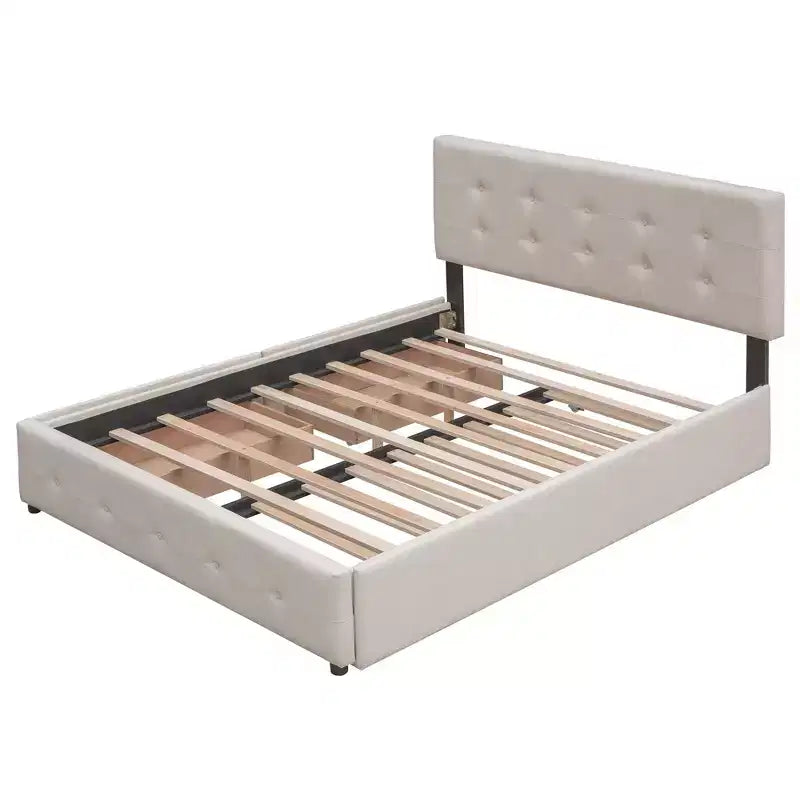 Letto Imbottito con 2 Cassetti e 1 Letto Estraibile Twin XL in Lino Queen Size - Beige Scuro
