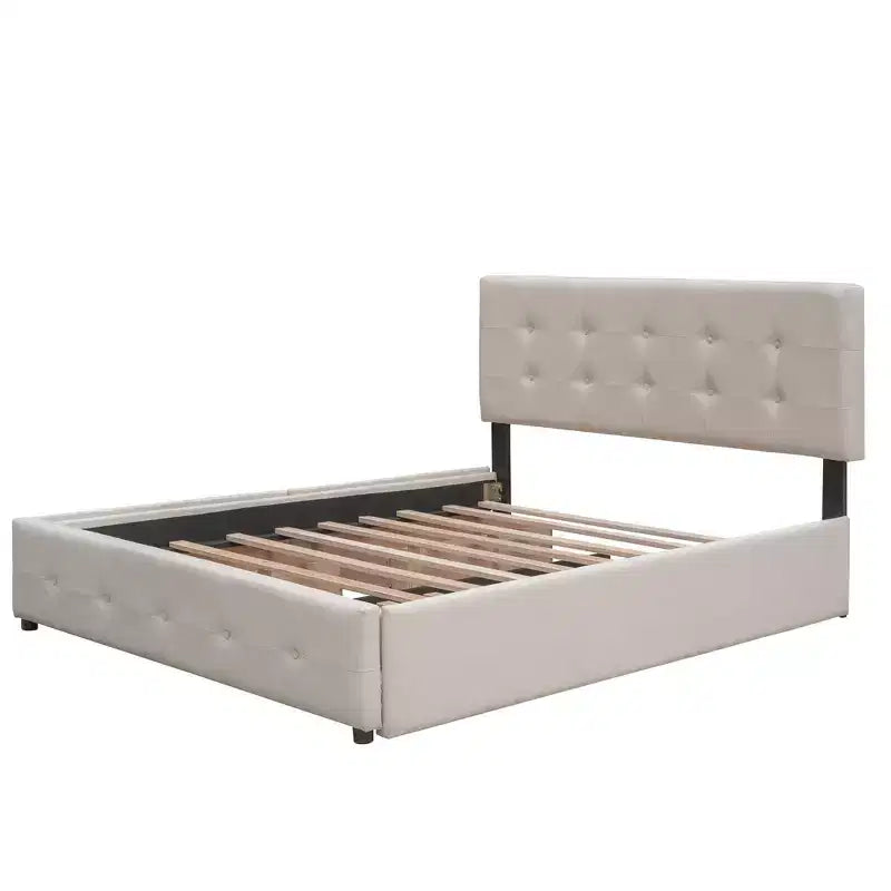 Letto Imbottito con 2 Cassetti e 1 Letto Estraibile Twin XL in Lino Queen Size - Beige Scuro