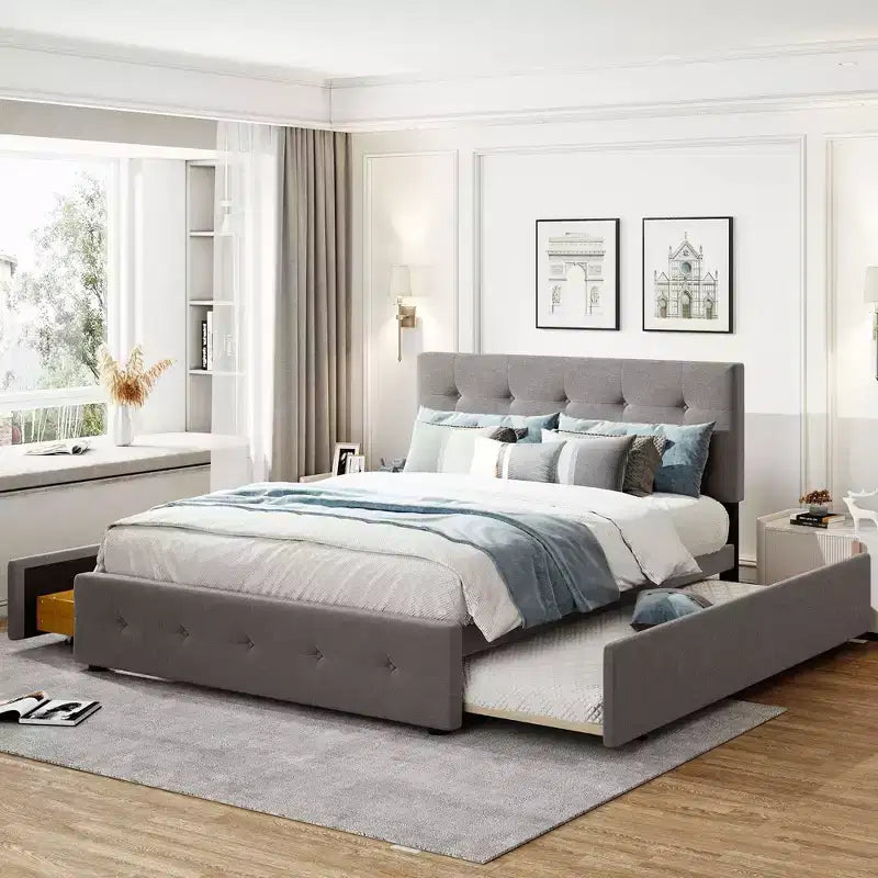 Letto Imbottito con 2 Cassetti e 1 Letto Estraibile Twin XL in Lino Queen Size - Beige Scuro