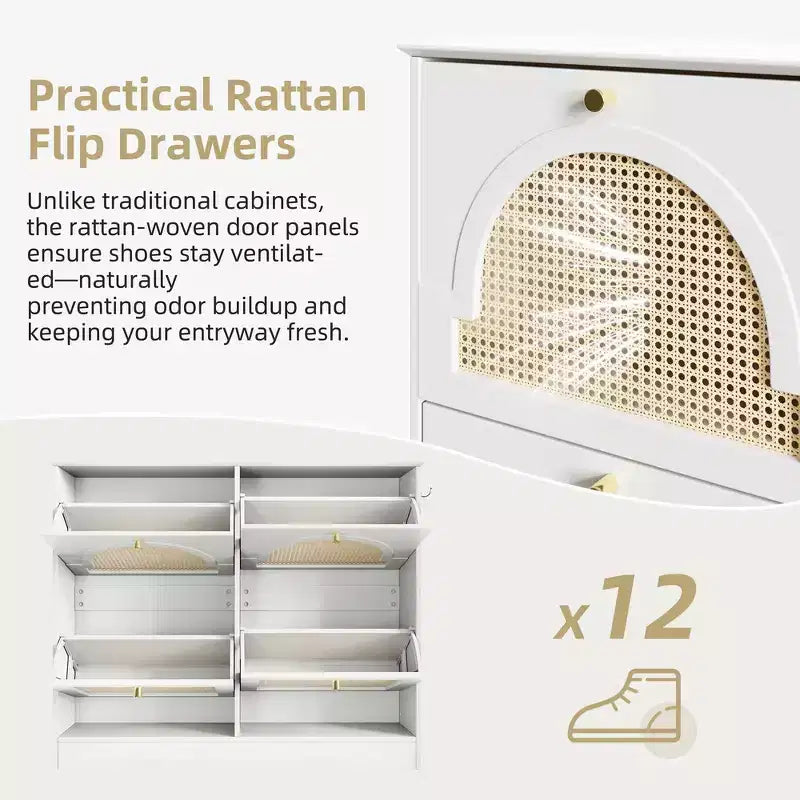 Scarpiera con ribalta stretta e armadietto per scarpe Whisen con 4 cassetti a ribalta e ante in rattan, 2 ganci argentati
