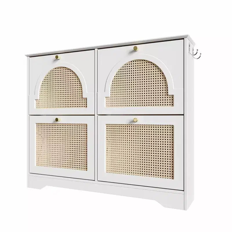 Scarpiera con ribalta stretta e armadietto per scarpe Whisen con 4 cassetti a ribalta e ante in rattan, 2 ganci argentati