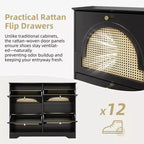 Scarpiera con ribalta stretta e armadietto per scarpe Whisen con 4 cassetti a ribalta e ante in rattan, 2 ganci argentati