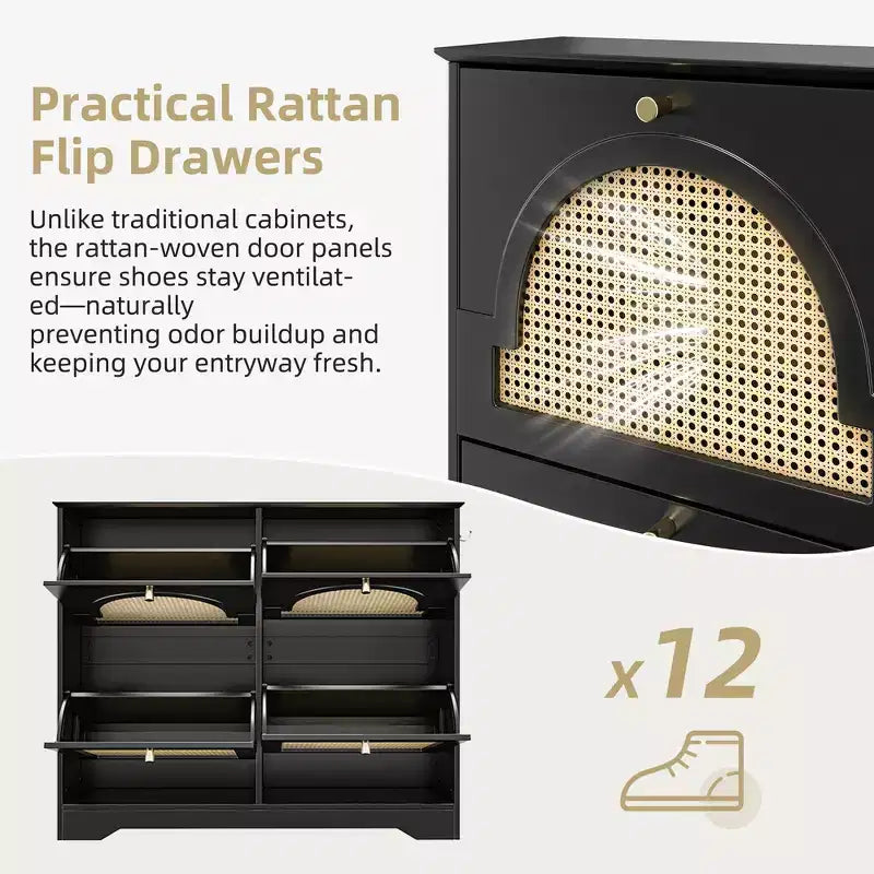 Scarpiera con ribalta stretta e armadietto per scarpe Whisen con 4 cassetti a ribalta e ante in rattan, 2 ganci argentati
