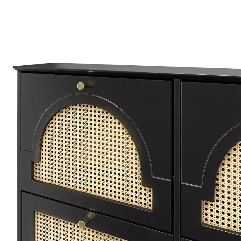 Scarpiera con ribalta stretta e armadietto per scarpe Whisen con 4 cassetti a ribalta e ante in rattan, 2 ganci argentati