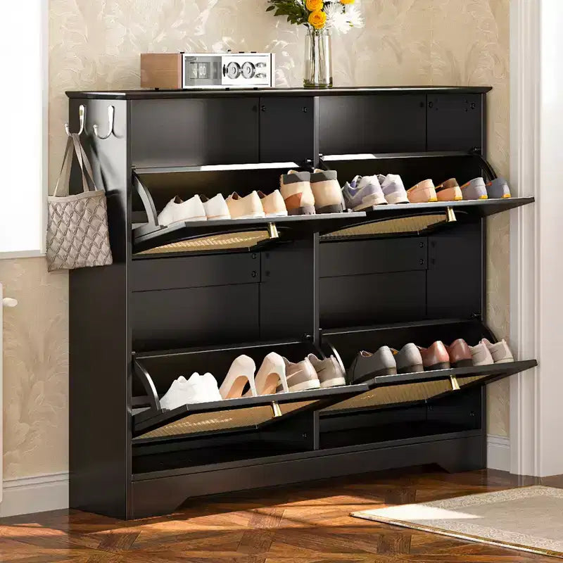 Whisen Narrow Tipping Bucket Shoe Rack & Shoe Cabinet with 4 Flip Drawers & Rattan Doors, 2 Silvery Hooks