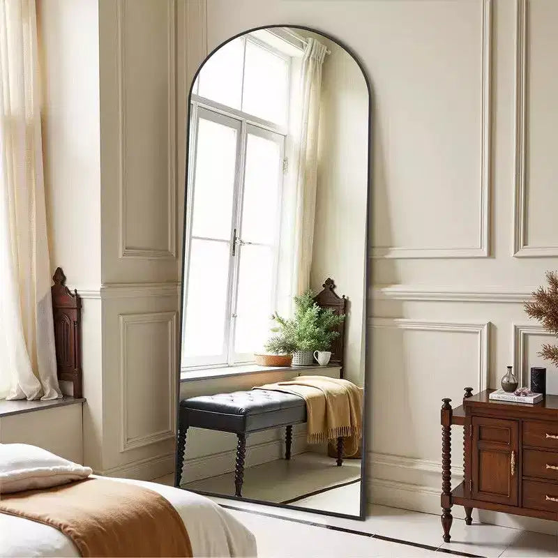 PexFix Specchio a figura intera ad arco 31 pollici L x 71 pollici H, da pavimento indipendente, con cornice in metallo, specchio a muro grande, colore nero