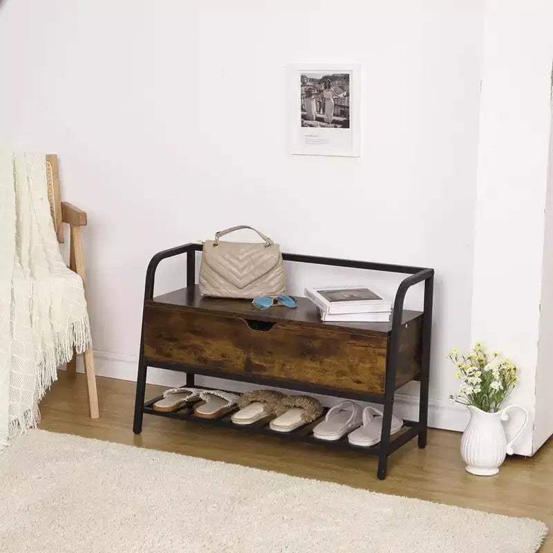 GustoWave Scarpiera a Panca, Panca Porta Scarpe con Coperchio Sollevabile, Panca da Ingresso, Scarpiera in Metallo e Legno per Ingresso, Camera da Letto, Armadio, Soggiorno