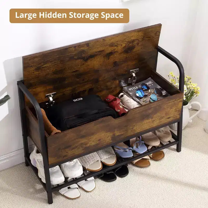 GustoWave Scarpiera a Panca, Panca Porta Scarpe con Coperchio Sollevabile, Panca da Ingresso, Scarpiera in Metallo e Legno per Ingresso, Camera da Letto, Armadio, Soggiorno