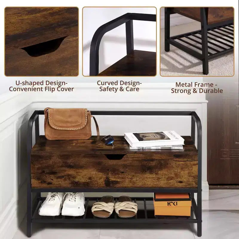 GustoWave Scarpiera a Panca, Panca Porta Scarpe con Coperchio Sollevabile, Panca da Ingresso, Scarpiera in Metallo e Legno per Ingresso, Camera da Letto, Armadio, Soggiorno