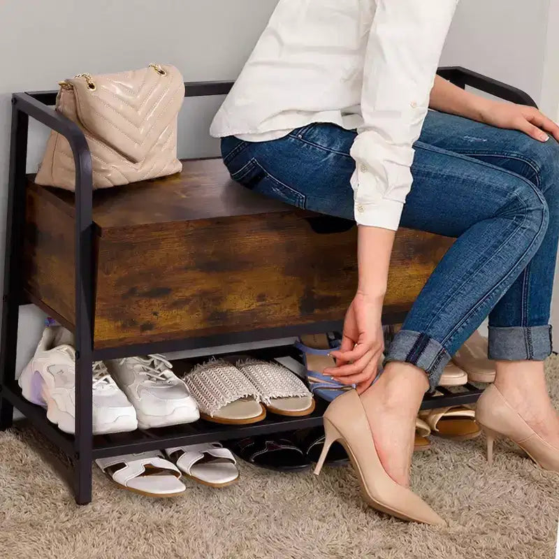 GustoWave Scarpiera a Panca, Panca Porta Scarpe con Coperchio Sollevabile, Panca da Ingresso, Scarpiera in Metallo e Legno per Ingresso, Camera da Letto, Armadio, Soggiorno