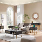 Tavolino da salotto Probe Hues Farmhouse con cassetto, piano impermeabile e design curvo