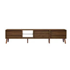 Mobile porta TV ModernLuxe per TV fino a 85", Centro di intrattenimento con ripiani aperti e ante in rattan, Tavolo console, Noce