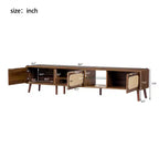 Mobile porta TV ModernLuxe per TV fino a 85", Centro di intrattenimento con ripiani aperti e ante in rattan, Tavolo console, Noce
