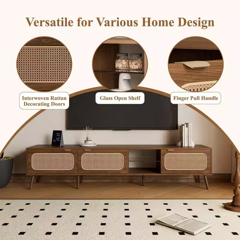 Mobile porta TV ModernLuxe per TV fino a 85", Centro di intrattenimento con ripiani aperti e ante in rattan, Tavolo console, Noce